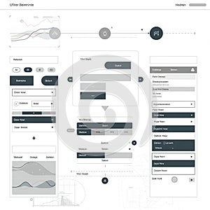 User interface design features various UI elements such as buttons, dropdowns, and