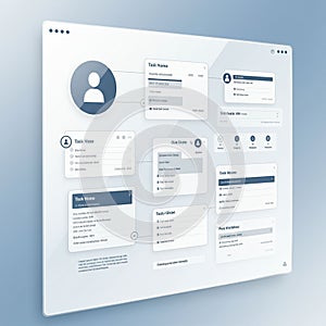 A user interface design featuring a dashboard with multiple task management