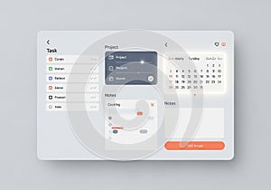 User interface design featuring a task and project management dashboard. Displays sections for