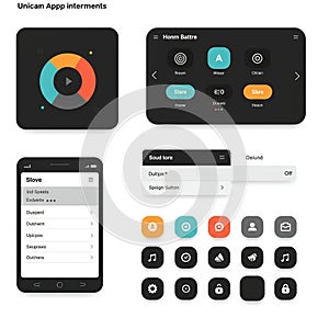 User interface design includes multiple app elements on a white background.