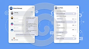 User interface design mockup featuring two mobile app screens against a blue