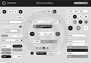 User interface design mockup featuring various buttons and elements. Includes