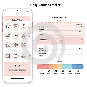 User interface design for a daily routine tracker app, displayed on a smartphone and a