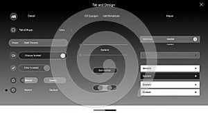 User interface design showcasing various UI elements and controls. Features include