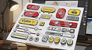 Handdrawn Line Style User Interface Element Control Button Design, generative ai