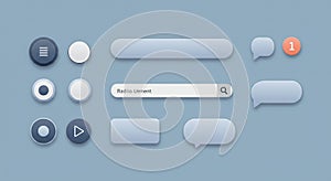 User interface elements on a blue background include various button styles, such as