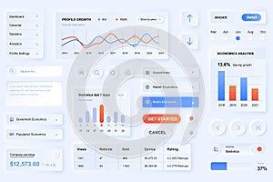 User interface elements for data analisys mobile app. Unique neumorphic design UI, UX, GUI, KIT elements template. Neumorphism