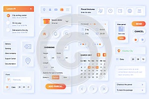 User interface elements for delivery mobile app. Unique neumorphic design UI, UX, GUI, KIT elements template