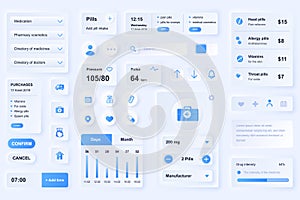 User interface elements for medical mobile app. Unique neumorphic design UI, UX, GUI, KIT elements template. Neumorphism