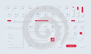 User interface elements for mobile app. Neumorphism icons set. Unique neumorphic ui ux design kit. Manage, navigation, search form