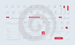 User interface elements for mobile app. Neumorphism icons set. Unique neumorphic ui ux design kit. Manage, navigation, search form