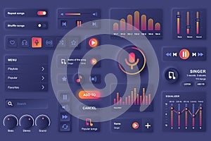 User interface elements for music mobile app. Unique neumorphic design UI, UX, GUI, KIT elements template. Neumorphism