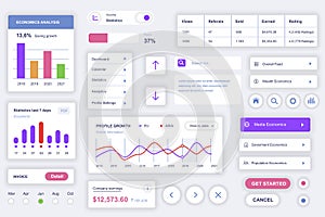 User interface elements set for accounting mobile app. Kit template with HUD diagrams, profile, statistics dashboard, financial