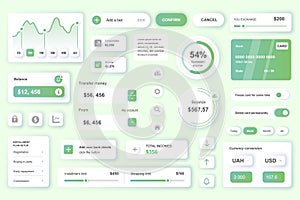 User interface elements set for Banking mobile app or web. Kit template with HUD, credit card management, income balance data,