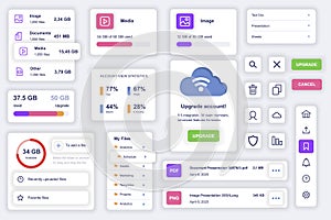 User interface elements set for cloud technology mobile app. Kit template with HUD diagrams, files management, storage system,