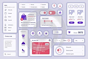 User interface elements set for Commerce mobile app or web. Kit template with HUD, shop menu, product order, price, purchase