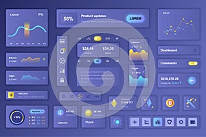 User interface elements set for Cryptocurrency mobile app or web. Kit template with HUD, finance statistics, trading data, bitcoin