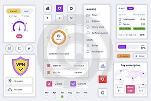 User interface elements set for cyber security mobile app. Kit template with HUD diagrams, vpn shield, connection information,