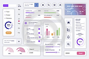 User interface elements set for data analysis mobile app. Kit template with HUD diagrams, statistic charts, financial report,