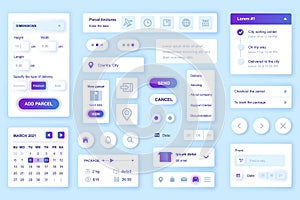 User interface elements set for Delivery mobile app or web. Kit template with HUD, parcel dimensions, calendar, online package