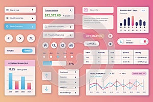 User interface elements set for Finance mobile app or web. Kit template with HUD, earning balance, economics chart, statistics