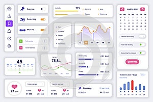 User interface elements set for fitness mobile app. Kit template with HUD diagrams, running, swimming, workout information,
