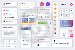 User interface elements set for messenger mobile app. Kit template with HUD diagrams, navigation buttons, chat messages, emoticons