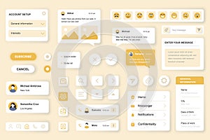User interface elements set for Messenger mobile app or web. Kit template with HUD, account setup, chats, emoji, subscribe,