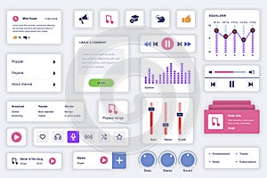 User interface elements set for music mobile app. Kit template with HUD diagrams, player button, playlists, broadcasting,