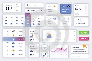 User interface elements set for weather mobile app. Kit template with HUD diagrams, meteorology forecast, temperature, sun, cloud