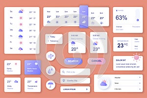 User interface elements set for Weather mobile app or web. Kit template with HUD, forecast today and tomorrow, humidity,