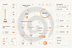 User interface elements for smart home mobile app. Unique neumorphic design UI, UX, GUI, KIT elements template. Neumorphism style