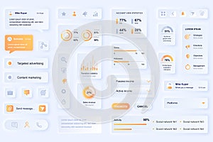 User interface elements for social media marketing mobile app. Unique neumorphic design UI, UX, GUI, KIT elements