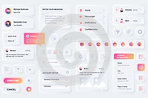 User interface elements for social network mobile app. Unique neumorphic design UI, UX, GUI, KIT elements template