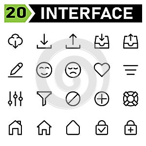 User interface icon set include cloud, weather, download, user interface, arrows, upload, draw, pencil, edit, face, emoticon,
