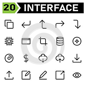 User interface icon set include corner, down, left, arrows, user interface, up, right, chip set, microchip, processor, credit,