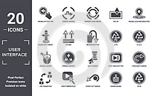 user.interface icon set. include creative elements as round left button, round location indicator, 6 ps, wait cursor, right arrow