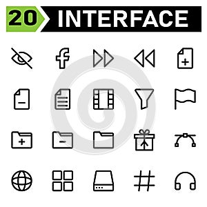 User interface icon set include face book, social media, user interface, fast, forward, arrows, rewind, file, plus, add, files,