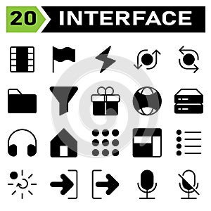 User interface icon set include film, movie, roll film, video, cinema, flag, symbol, national, country, sign, flash, lightning,