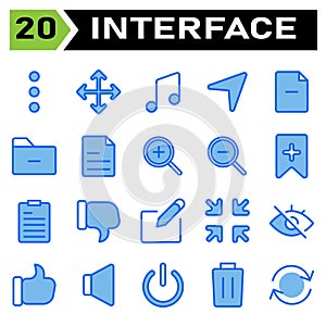 User interface icon set include more, menu, vertical, user interface, move, arrow, arrows, pointer, direction, music, note, sound