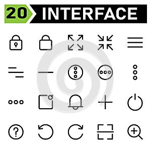 User interface icon set include padlock, lock, user interface, maximize, size, full screen, minimize, menu, align, minus, remove,