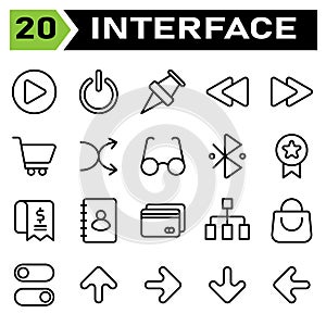 User interface icon set include play, button, circle, start, interface, power, power on, power office, push pin, pin, location,