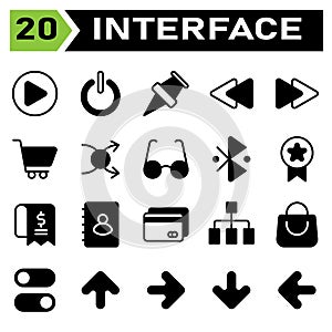 User interface icon set include play, button, circle, start, interface, power, power on, power office, push pin, pin, location,