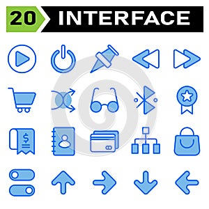 User interface icon set include play, button, circle, start, interface, power, power on, power office, push pin, pin, location,