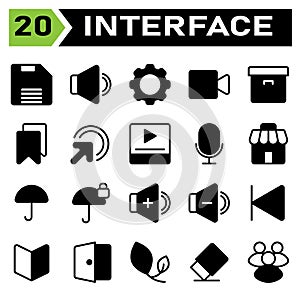 User interface icon set include save, storage, data, file, download, sound, volume, audio, speaker, setting, gear, configuration,