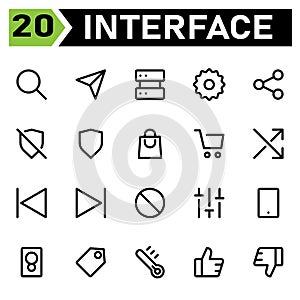 User interface icon set include search, magnifying, zoom, find, user interface, send, email, message, plane, server, database,