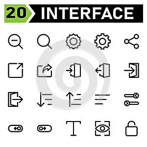 User interface icon set include search, zoom out, magnifier, user interface, gear, setting, share, link, arrows, sign, in, door,