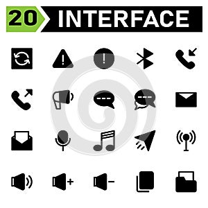 User interface icon set include update, rotate, sync, user interface, warning, sign, blue tooth, connection, phone, call in, call