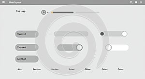 User interface layout with gray and white elements, featuring sliders and toggle