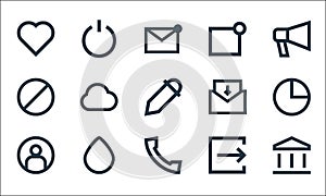 user interface line icons. linear set. quality vector line set such as bank, call, user, output, water, block, inbox mail,